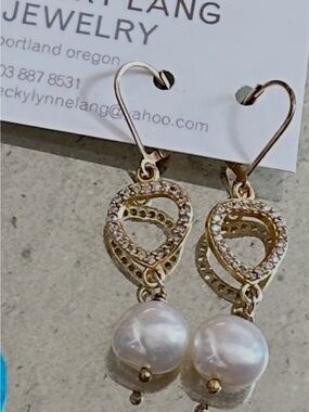 Gold & Pearl Drop Earrings with Pavé Hearts